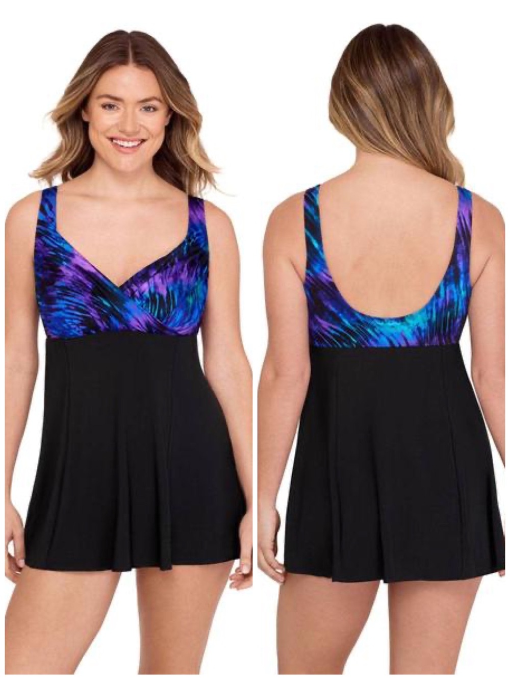 Great Lengths by Longitude Draped Crossover Abstract Swimdress Blue Purple Sz 22